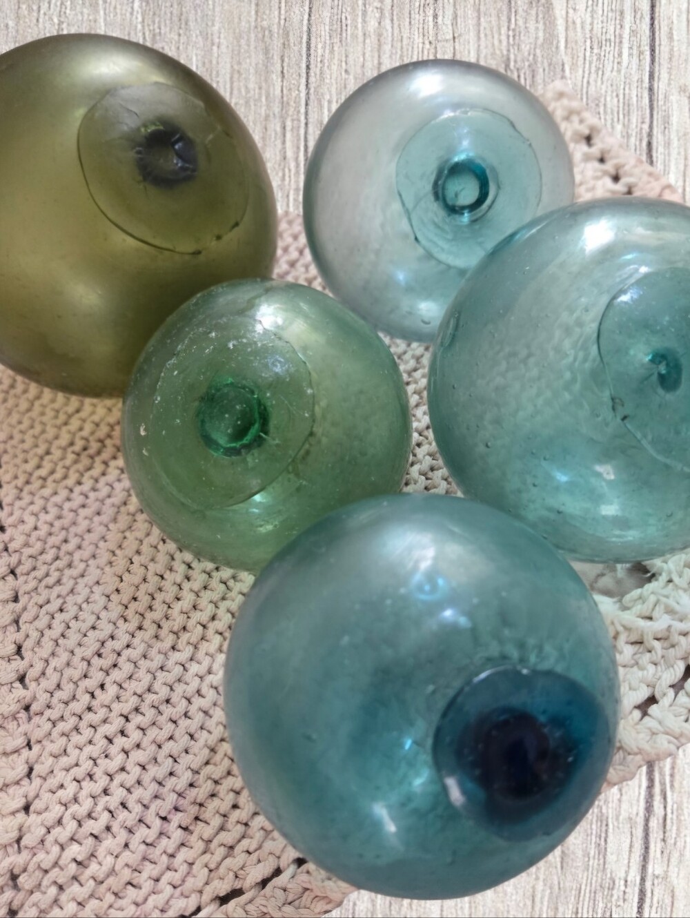 FOUR Japanese Glass Fishing Floats 3" Aqua Green, Coastal Beach House Decor - Picture 4 of 8